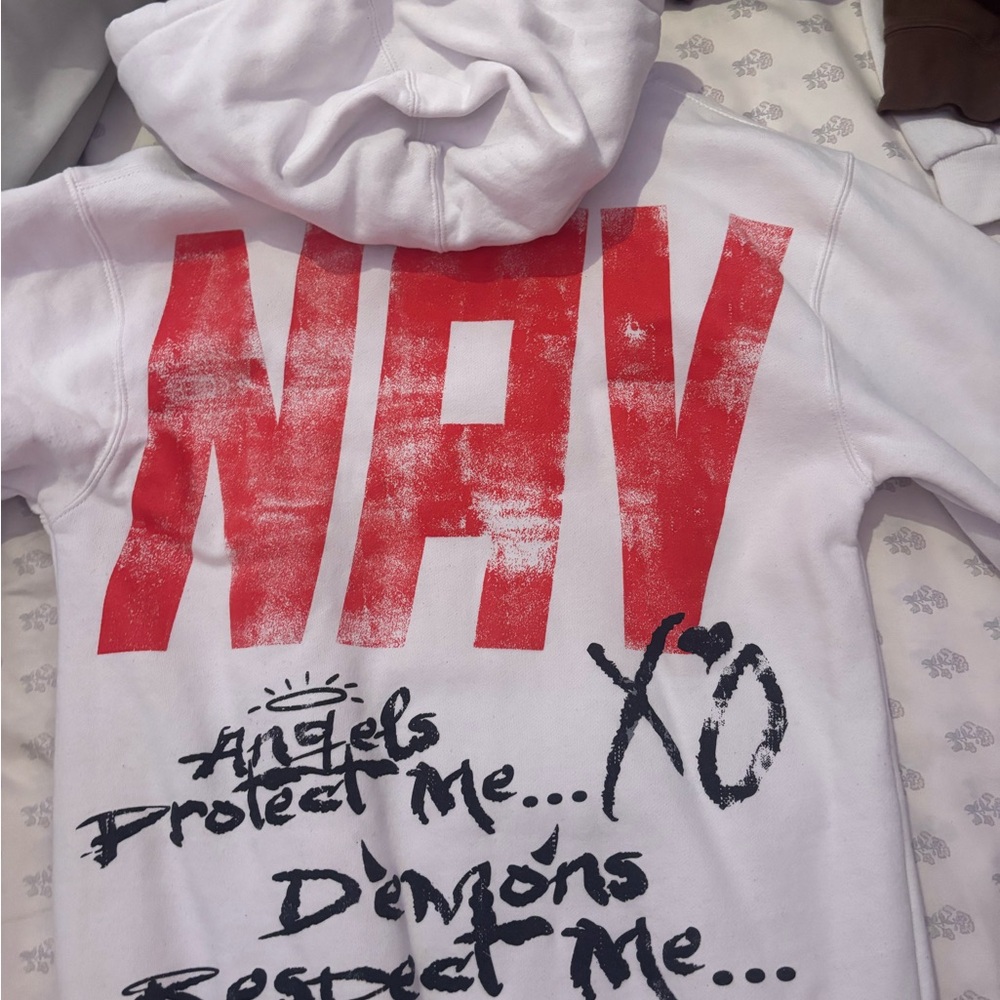 NAV White Hoodie with Red and Black Graphic